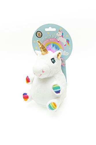 Unicorn Ball Dog Toy | Squeaky Rubberised Textured Ball | White Plush & Rainbow Hooves | Pet London