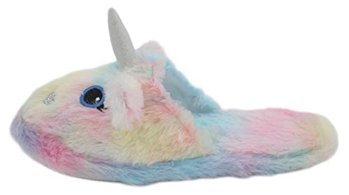 Fluffy Ladies Plush Rainbow Unicorn Mule Slippers, Multicolour