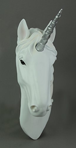 DWK HD49018 - White Unicorn Wall Mounted 16 Inch Head with Silver Horn - Fantasic Detail Hand Painted Wall Hanging Sculpture