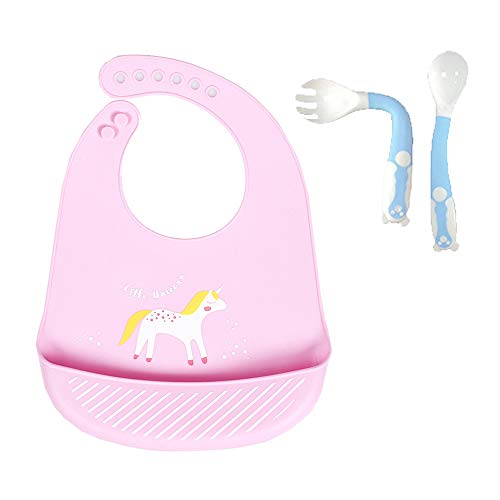 Pink Unicorn Silicone Bib for Babies & Toddlers | Waterproof with Training Spoon