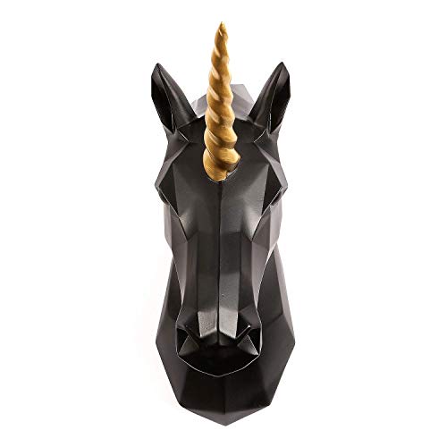 WALPLUS Contemporary Faux Taxidermy Head for Wall Décor Animal Replica Home Decorative Mount Art Sculpture Gift Black Unicorn Gold Horn Wall Hanger
