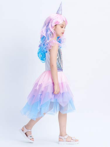 Girls Unicorn Fancy Dress Costume With Wig Pastel Coloured