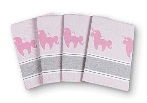 Set of 4 Tea Towels | 100% Cotton | 50x70 cm | Unicorn Design | Pink | saewelo