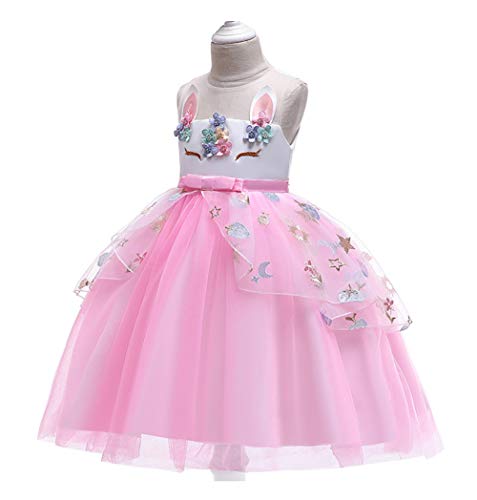 Pretty Princess Girls Unicorn Party Dress Princess Dressing up Costume with Headband, Bridesmaids Pink