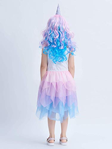 Girls Unicorn Fancy Dress Costume With Long Haired Wig