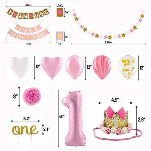 1st Birthday Decoration Set, 61pcs Baby Girl First Birthday Party Decoration Kit | Pink, Gold