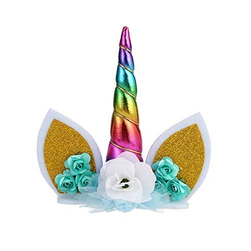 Unicorn Cake Topper with Flowers - White Flowers with Glittery Rainbow Colours Horn