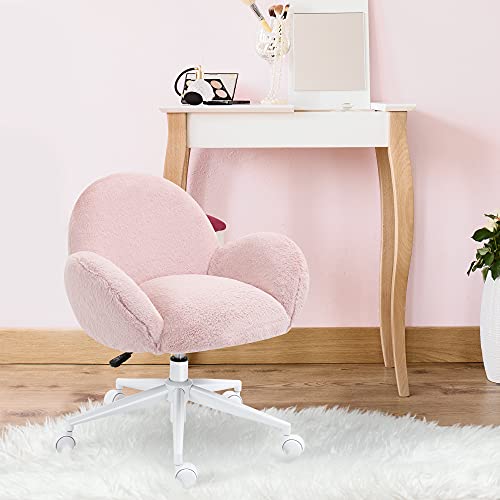 HOMCOM Fluffy Leisure Chair Office Chair with High Back and Armrest for Home Bedroom Living Room with Wheels, Pink