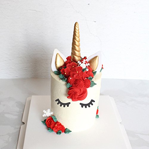 Unicorn Cake Topper, Handmade Gold Unicorn Cake Decoration Set with Horn, Ears and Eyelashes for Birthday Party, Baby Shower and Wedding