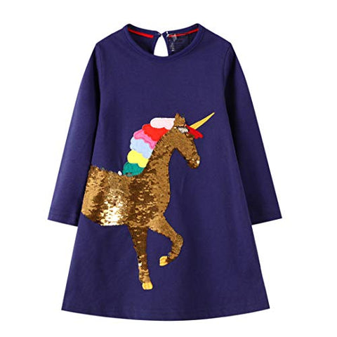 Girls Long Sleeve Unicorn Dress | Sequins | Navy
