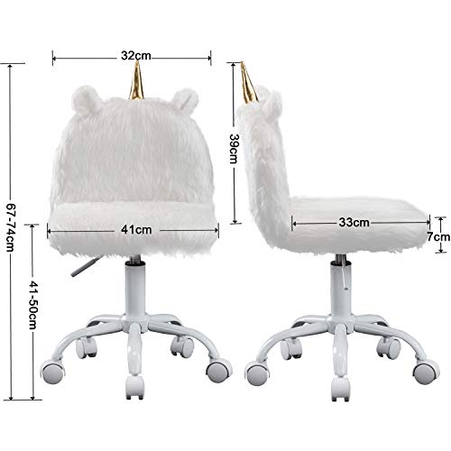 Wahson Children's Study Desk Chair | Unicorn Style | Faux Fur Soft Fluffy Swivel Chair Adjustable Height Computer Chair for Kids (White)
