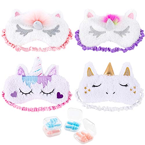 Whaline 4 Pieces Unicorn Sleeping Mask Eye Cover with 4 Ear Plugs, Plush Soft Plush Blindfold Cute Horn Eye Cover Eyeshade for Women Girls Travel Meditation Nap Night Sleeping