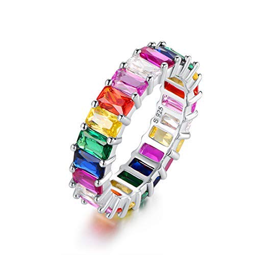 Rainbow Ring - Rhodium Plated, Cubic Zirconia (Emerald Cut)