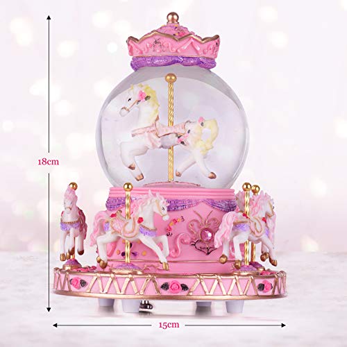 Unicorn Music Box | Colour Changing LED Snow Globe Carousel | Pink | Gift 