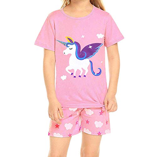 Little Hand Girls Pyjamas Set Unicorn Print Girls Pjs Short Sleeve Cotton Sleepwear Tops Shirts & Pants, 2 Unicorn/Pink, 6-7 Years