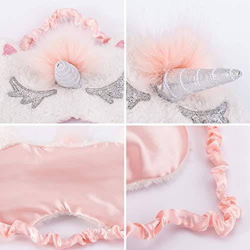 Whaline 4 Pieces Unicorn Sleeping Mask Eye Cover with 4 Ear Plugs, Plush Soft Plush Blindfold Cute Horn Eye Cover Eyeshade for Women Girls Travel Meditation Nap Night Sleeping