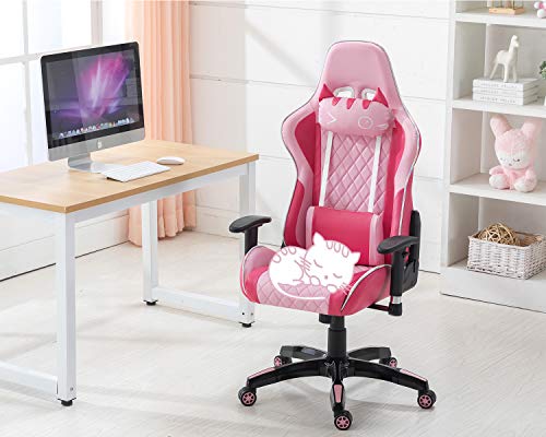 Wahson PU Leather Gaming Chair, Computer Game Chair Ergonomic Reclining Racing Chair for PC Office Desk Chair with Cat-Shape Headrest and Lumbar Support (Pink)