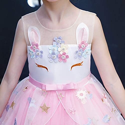 Pretty Princess Girls Unicorn Party Dress Princess Dressing up Costume with Headband, Bridesmaids Pink