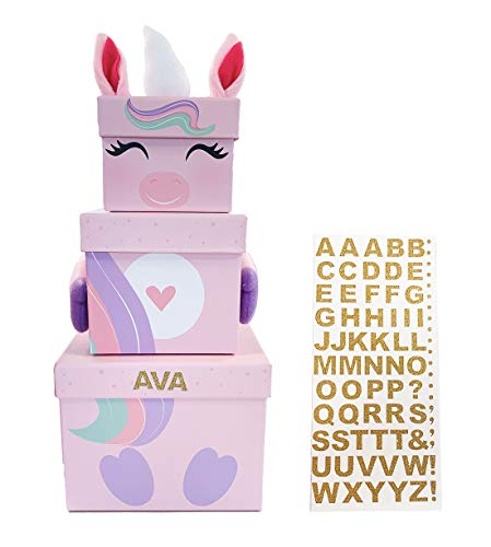Kids Stackable Unicorn Christmas Boxes | With Sheet of Gold A-Z Letters To Personalise | Christmas Eve Box 
