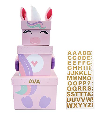 Kids Stackable Unicorn Christmas Boxes | With Sheet of Gold A-Z Letters To Personalise | Christmas Eve Box