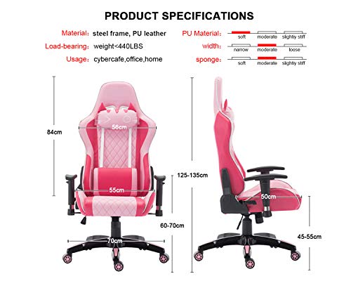 Wahson PU Leather Gaming Chair, Computer Game Chair Ergonomic Reclining Racing Chair for PC Office Desk Chair with Cat-Shape Headrest and Lumbar Support (Pink)