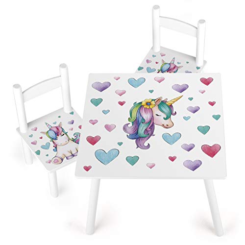 White Unicorn & Hearts Wooden Table & Chairs 