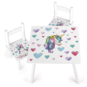 Children's Kids Toy Wooden Table and 2 Chairs Set Motif: Fairy Unicorn