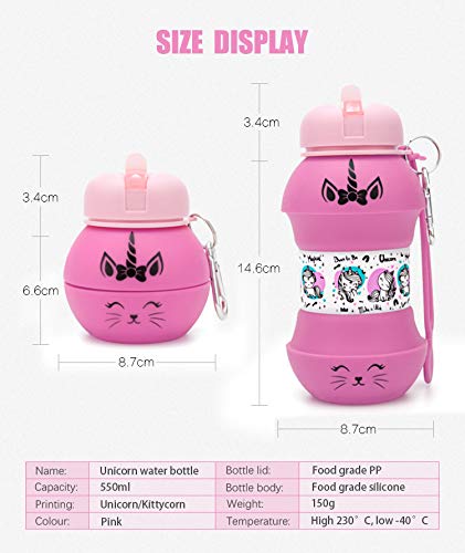 AToZ UK Unicorn water bottle for kids, 550ml/19 oz Collapsible Silicone reusable water bottle, BPA Free, Leakproof, Fun unique ball design with exclusive print, for girls (Pink)