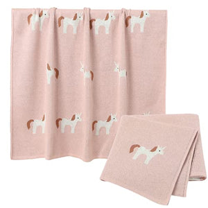 Newborn Babies Unicorn Knitted Cellular Blanket | 100% Soft Organic Cotton | Pink 80x100cm