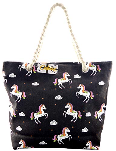 OCTAVE® Ladies Summer Beach Tote Handbags Collection | Unicorn Design | Black