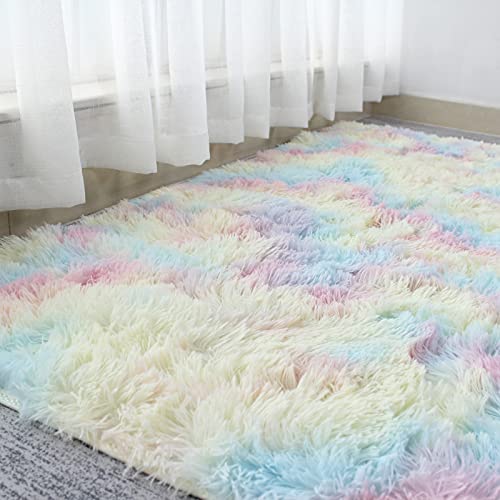 Super Soft Fluffy Shaggy Rugs Multicoloured 120 x 160 cm Anti-Slip Carpet Rainbow Kids Mat Living Room Extra Large Size Area Rug Modern Bedroom Nursery Rugs Non Shedding