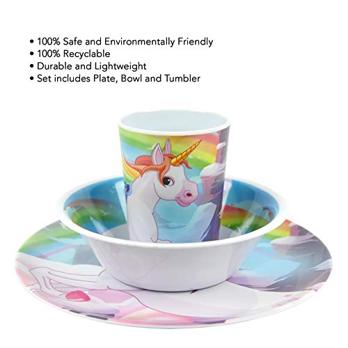 Unicorn Multi Coloured 3Pcs Melamine Dining Set - Plate, Bowl and Tumbler Dinnerware Set for Children