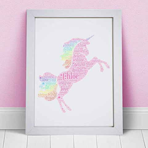 Personalised Rainbow Unicorn Word Art Print - A5 & A4 Prints With Framed Option