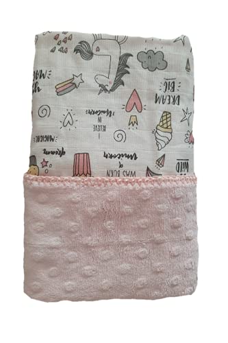 Unicorn Baby Double Edged Blanket | Muslin Cloth Swaddle Soft Plush | Pink