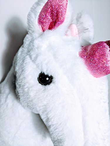 Soft plush unicorn wall mounted head. Wall decor, children's bedroom, nursery. White with pink ears and pink horn.