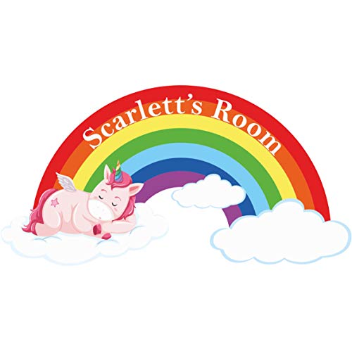 Unicorn on a Cloud with Rainbow Kids Bedroom Door Sign Personalised Stick On