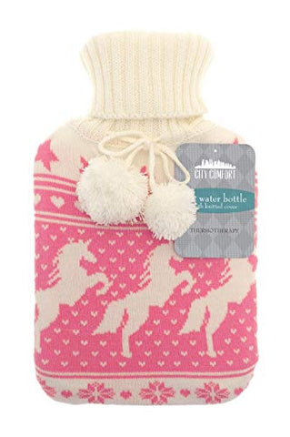 Pink & Cream Knitted Hot Water Bottle Unicorn Design