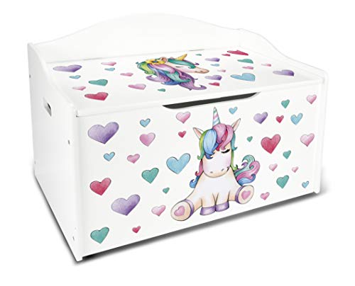 Unicorn and Hearts White Wooden Toy Box