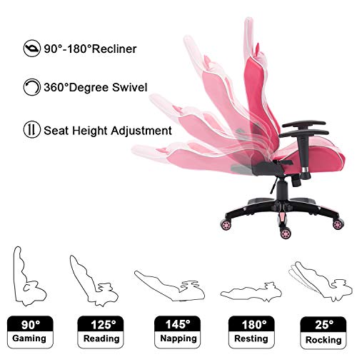 Wahson PU Leather Gaming Chair, Computer Game Chair Ergonomic Reclining Racing Chair for PC Office Desk Chair with Cat-Shape Headrest and Lumbar Support (Pink)