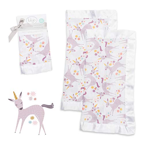 Unicorn Security Blanket | 100% Cotton Breathable Muslin with Smooth Satin Trim | 2 Pack