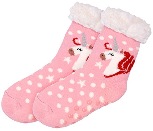 Cosy Indoor Slipper Socks Pink with Unicorn for Girls Children (8-12)
