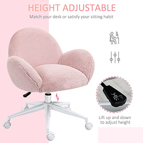HOMCOM Fluffy Leisure Chair Office Chair with High Back and Armrest for Home Bedroom Living Room with Wheels, Pink