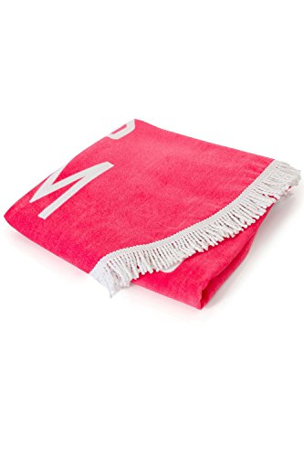 Round fringed beach towel unicorn slogan. Bright pink.