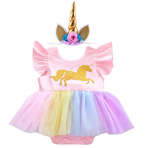 Cute Unicorn First Birthday Outfit | Girls Tutu Romper Dress | Rainbow Skirt