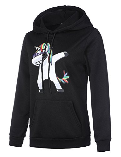Stephaee Women's Cute Unicorn Print Hoodie Sweatshirt Casual Pullover Hooded Jumper Top Black S