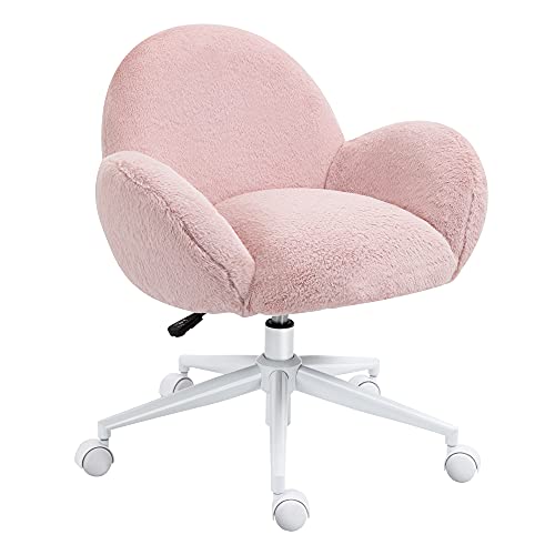 HOMCOM Fluffy Leisure Chair Office Chair with High Back and Armrest for Home Bedroom Living Room with Wheels, Pink