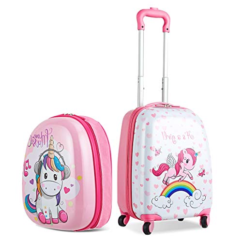 2 Pieces Unicorn Suitcases | 12" & 16" | Carry On Suitcase | Pink