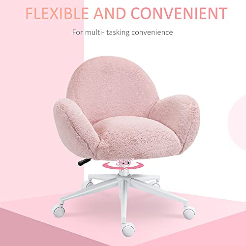 HOMCOM Fluffy Leisure Chair Office Chair with High Back and Armrest for Home Bedroom Living Room with Wheels, Pink