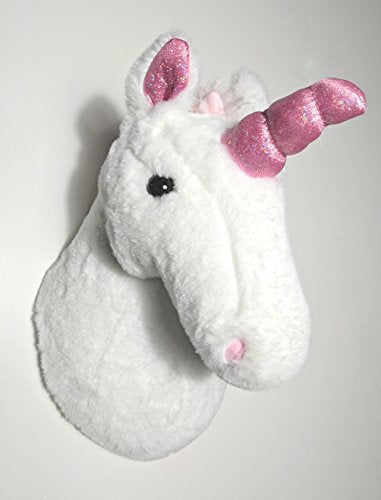 Soft plush unicorn wall mounted head. Wall decor, children's bedroom, nursery. White with pink ears and pink horn.