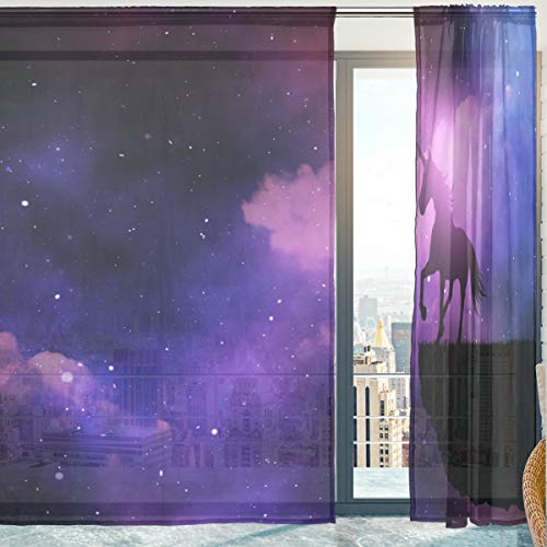 Unicorn Against Space Sky Soft Sheer Curtains for Bedroom 140cm x 198cm 2 Panels Black, Purple, Blue